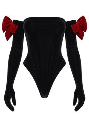 Sugar Thrillz Black Velvet Bodysuit with Red Bow Sleeves